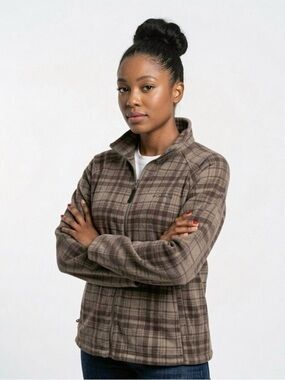 COLUMBIA BROWN FLEECE JACKET FRONT ZIPPER PLAID PATTERN PLUS SIZE WOMEN SIZE 2X